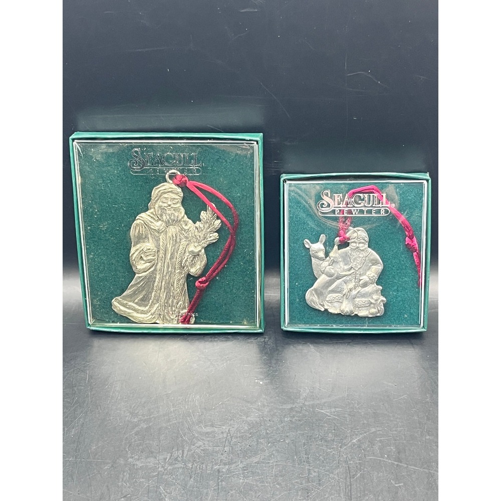 Set‎ of 2 Seagull Pewter Christmas Ornaments Santa Claus Vtg Made In Nova Scotia